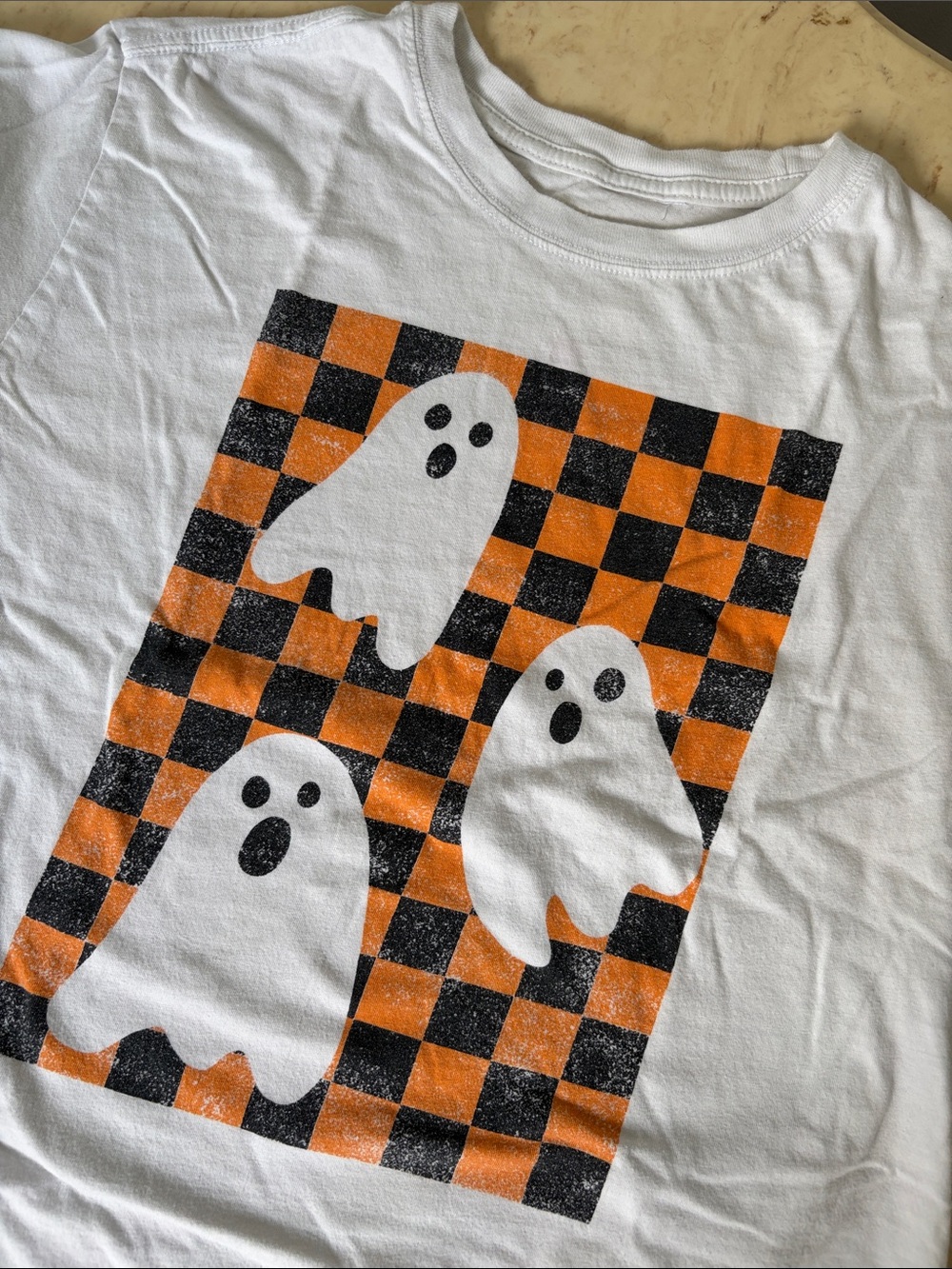 Target White Halloween Ghost Graphic Tee with Orange & Black Check